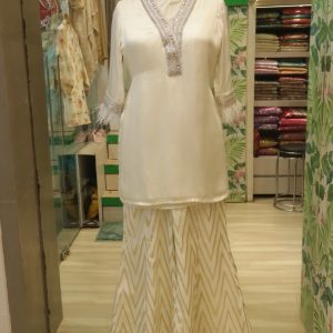 Ivory Pearl Embellished Kurta Set with Chevron Palazzo